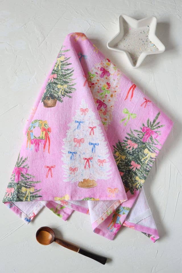 Pink Ribbon Christmas Tea Towel