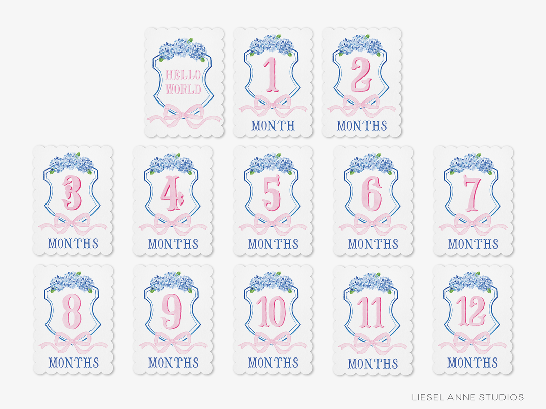 Blue and Pink Crest Scalloped Monthly Milestone Cards