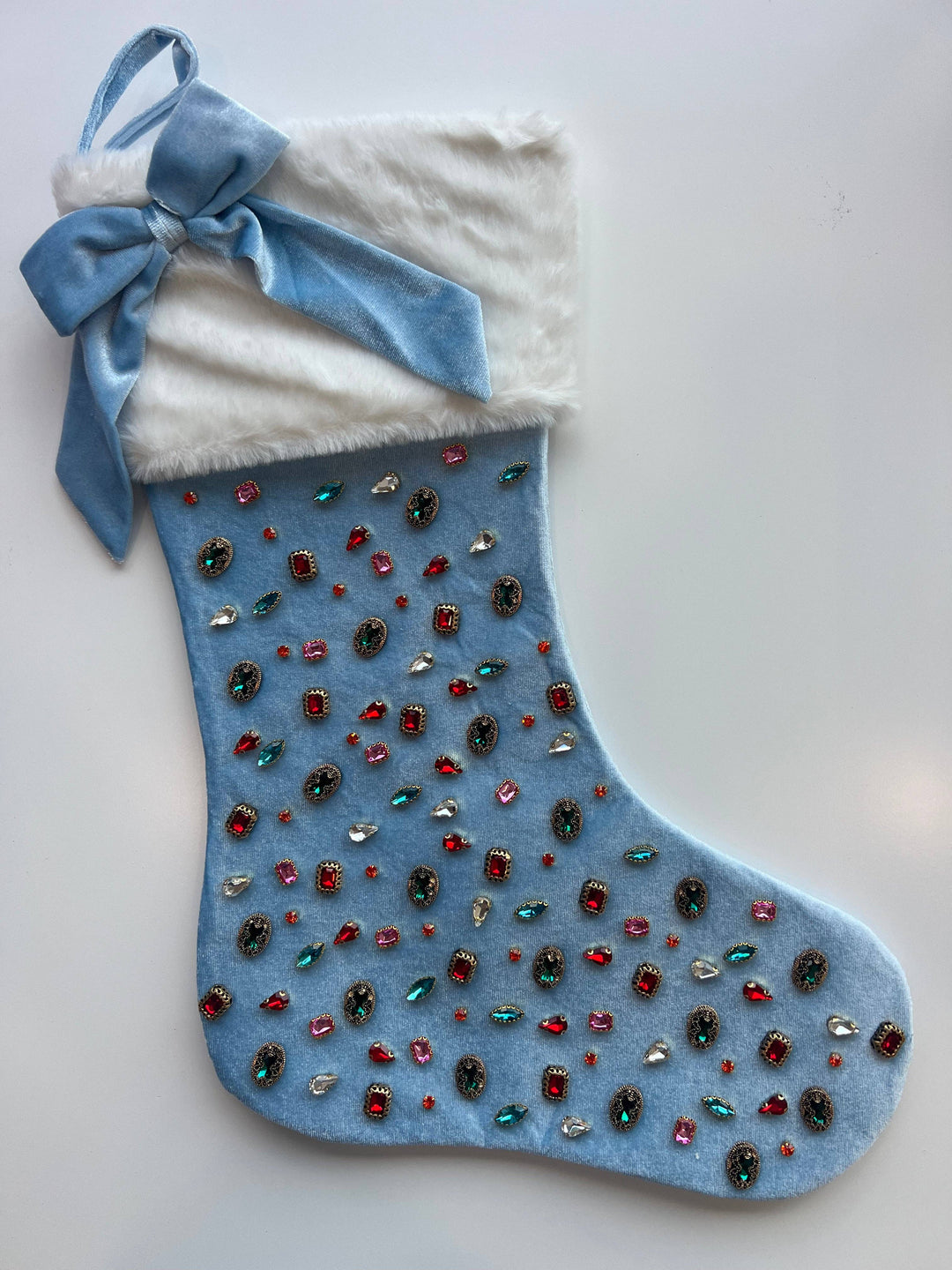 Light Blue Bejeweled Velvet Christmas Stocking