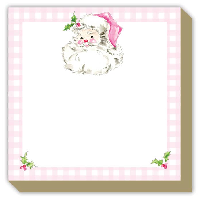 Handpainted Pink Santa with Gingham Border Luxe Notepad