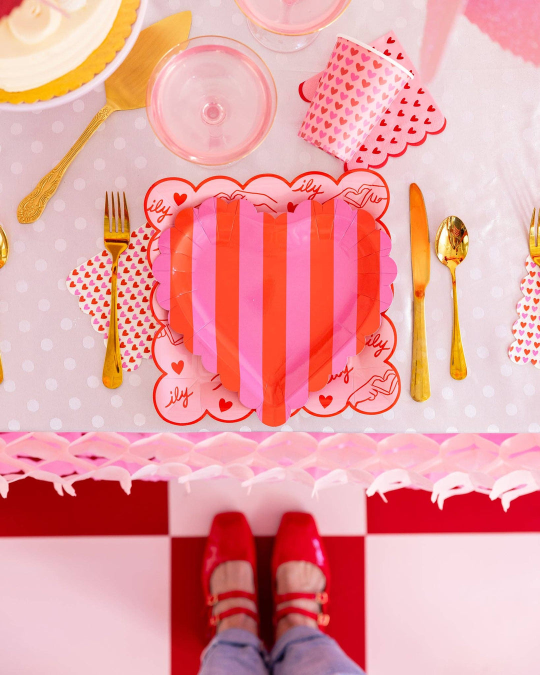 Red Metallic Scalloped Hearts Cocktail Napkin