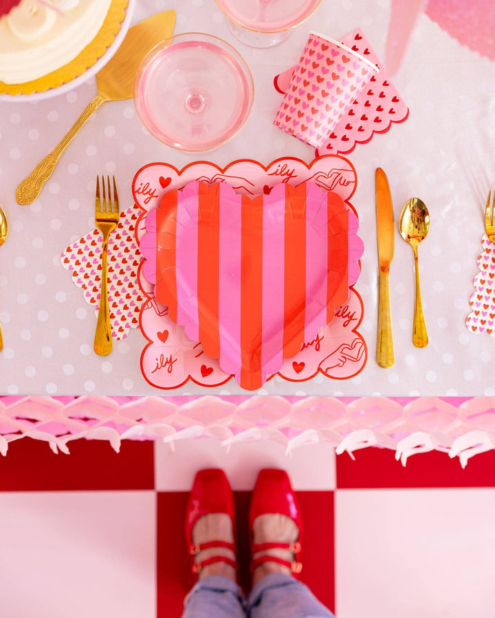 Red Metallic Scalloped Hearts Cocktail Napkin