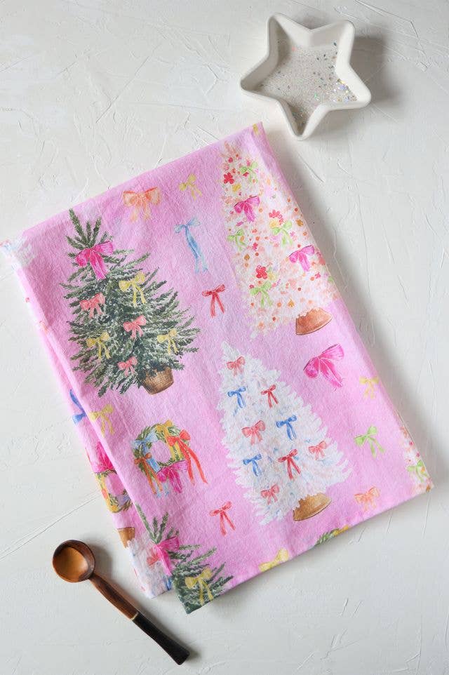 Pink Ribbon Christmas Tea Towel