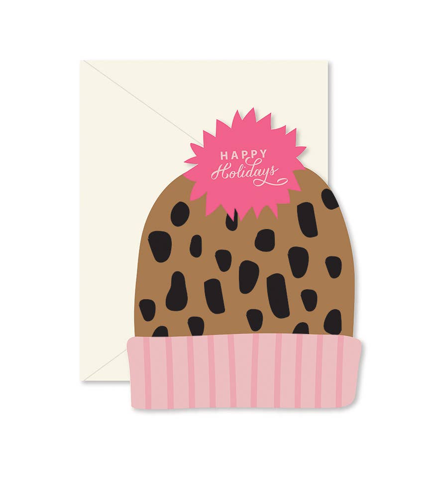 Happy Holidays Leopard Pink Hat Greeting Card