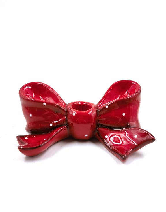 Ruby Red Ribbon Bow Ceramic Candle Holder