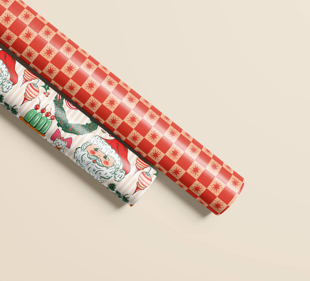 Nostalgic Christmas Red Star Checked Gift Wrap