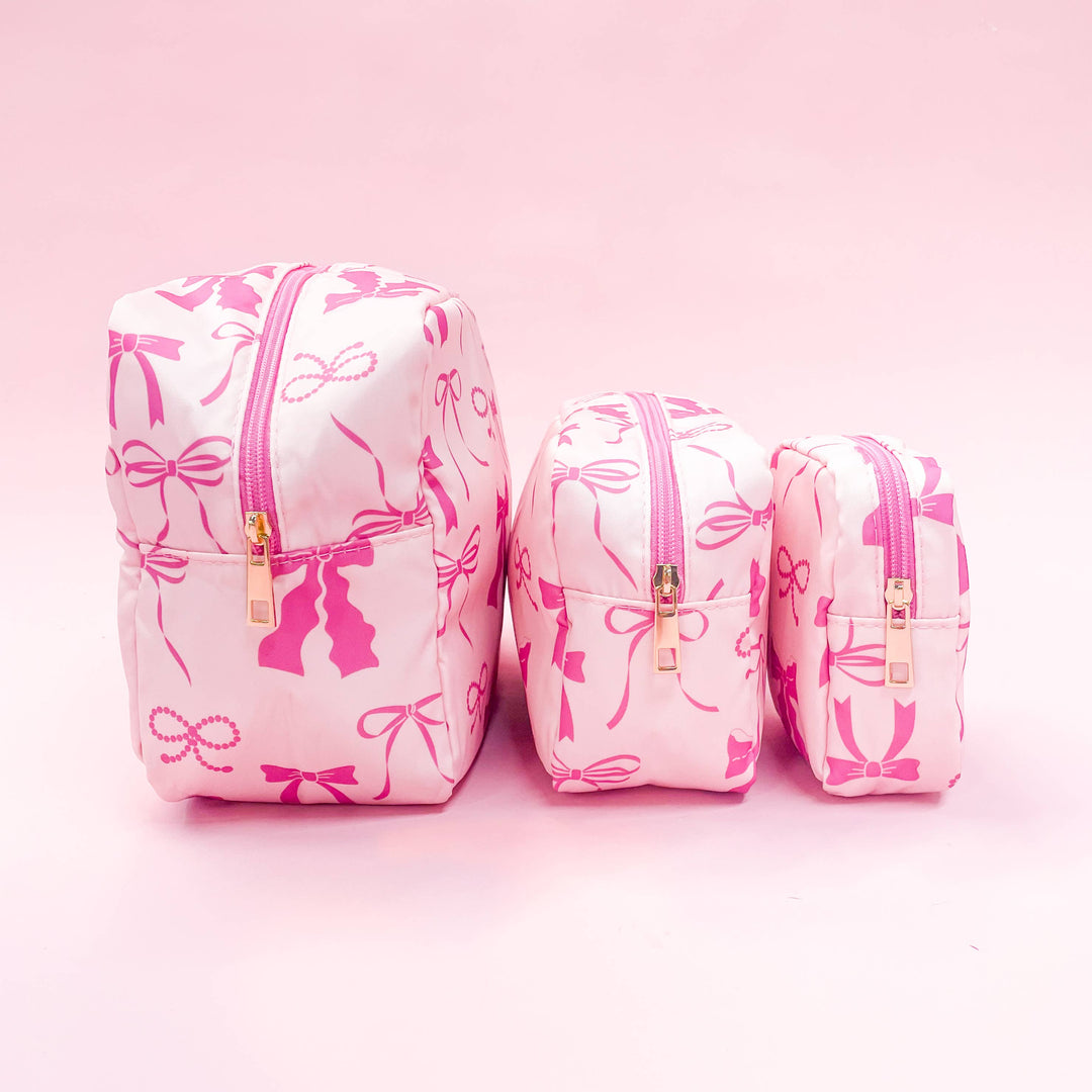 Pink Bows Medium Nylon Cosmetic Zipper Bag