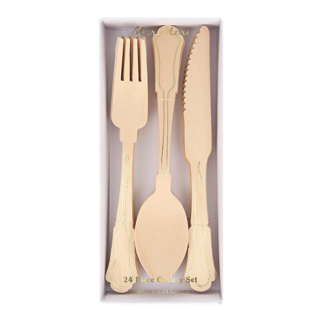 Elegant Gold Foil Detail Wooden Cutlery Set