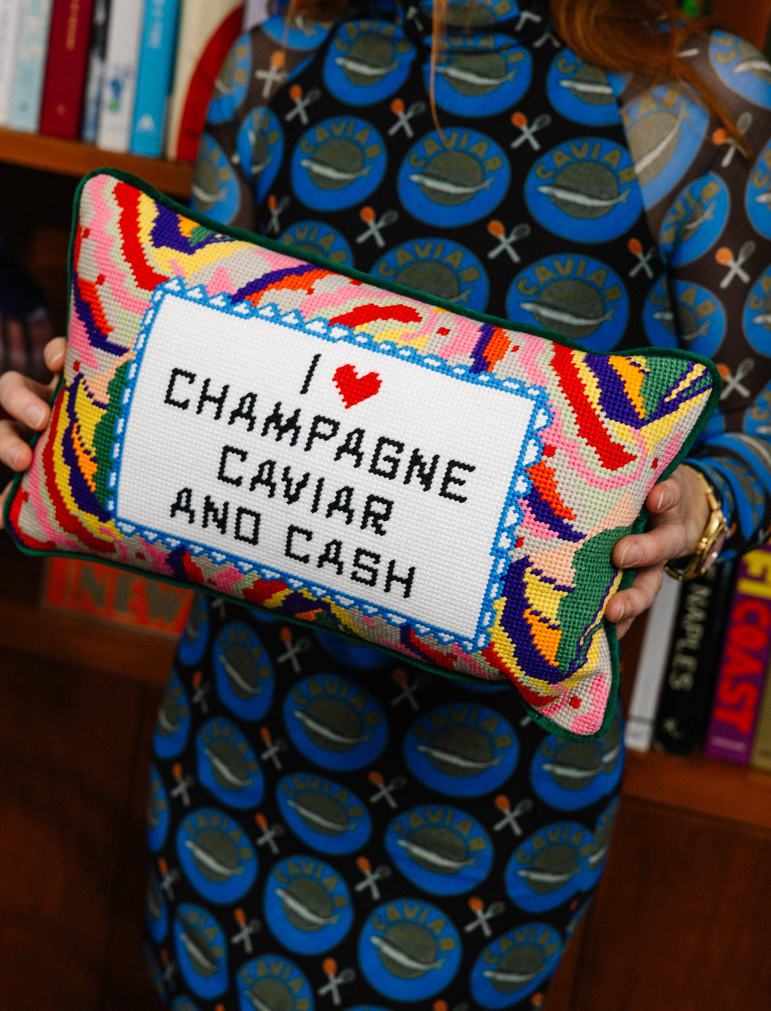 Caviar and Cash Needlepoint Pillow