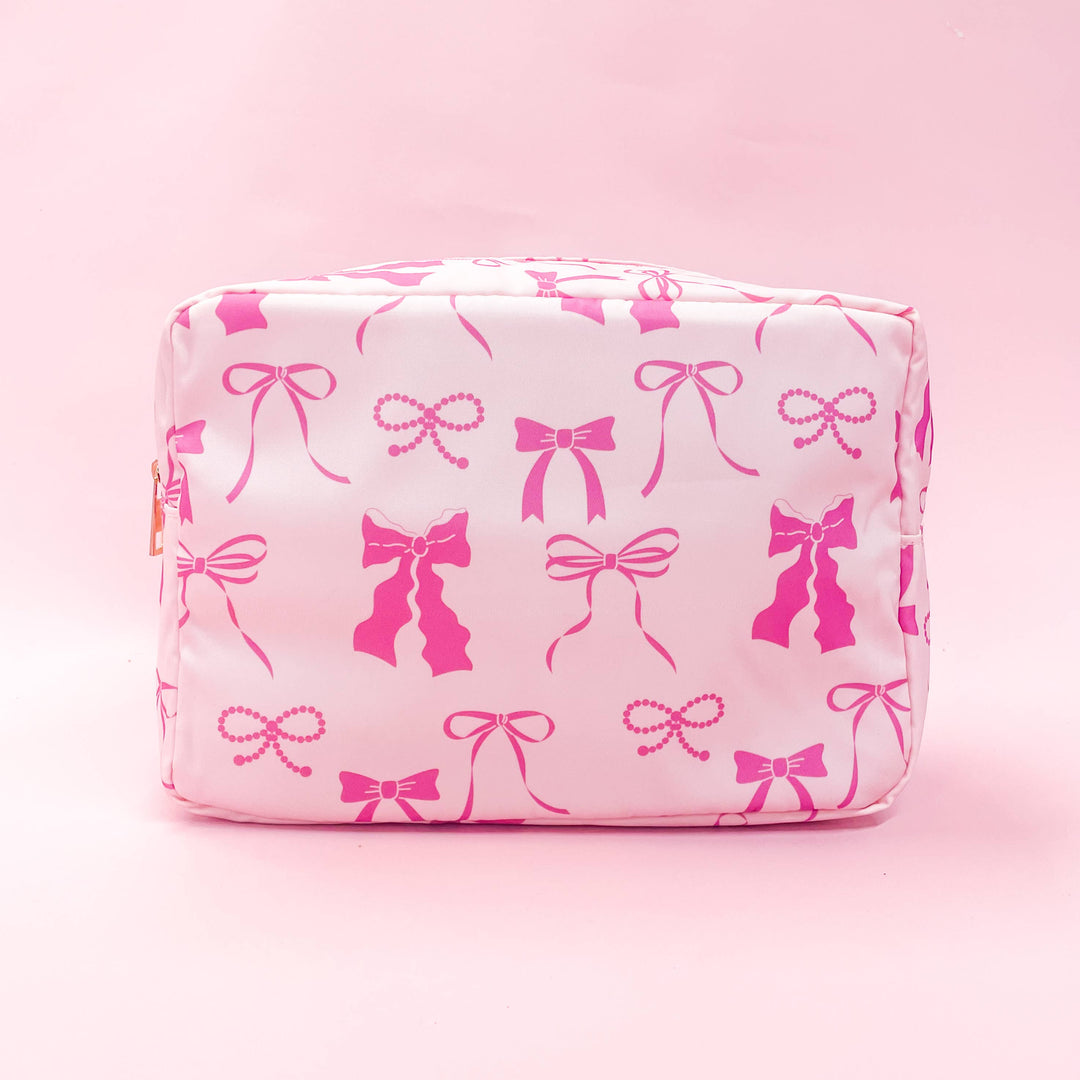 Pink Bows Medium Nylon Cosmetic Zipper Bag