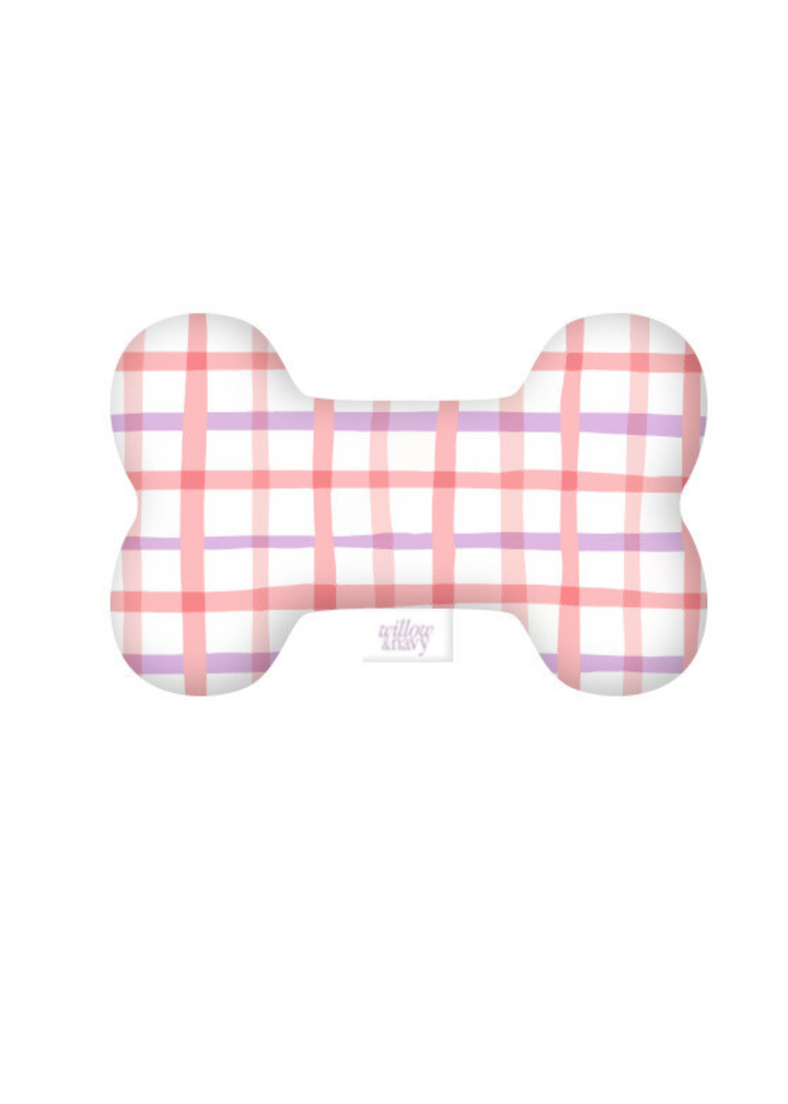 Pink Plaid Dog Bone Squeaky Plush Toy