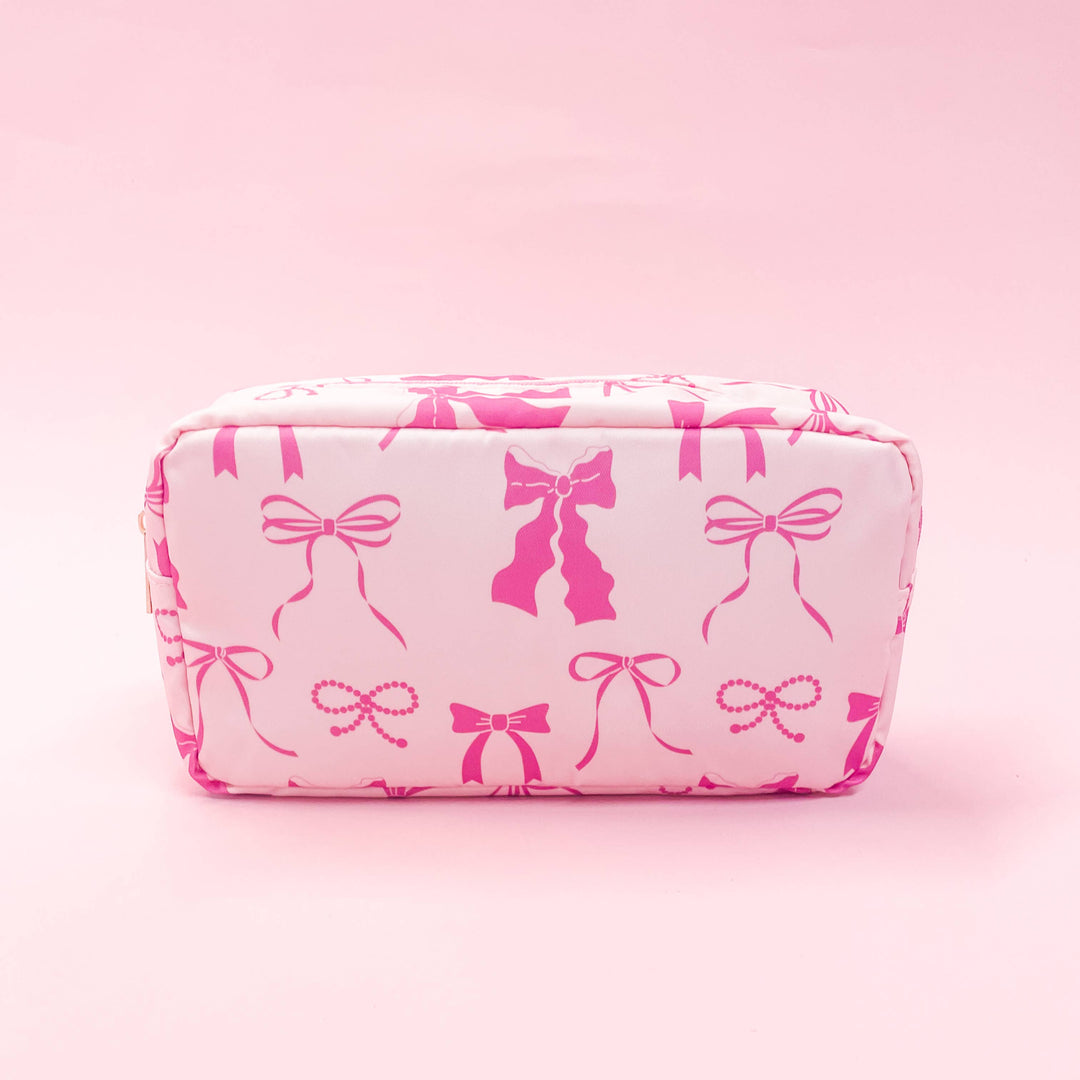 Pink Bows Medium Nylon Cosmetic Zipper Bag