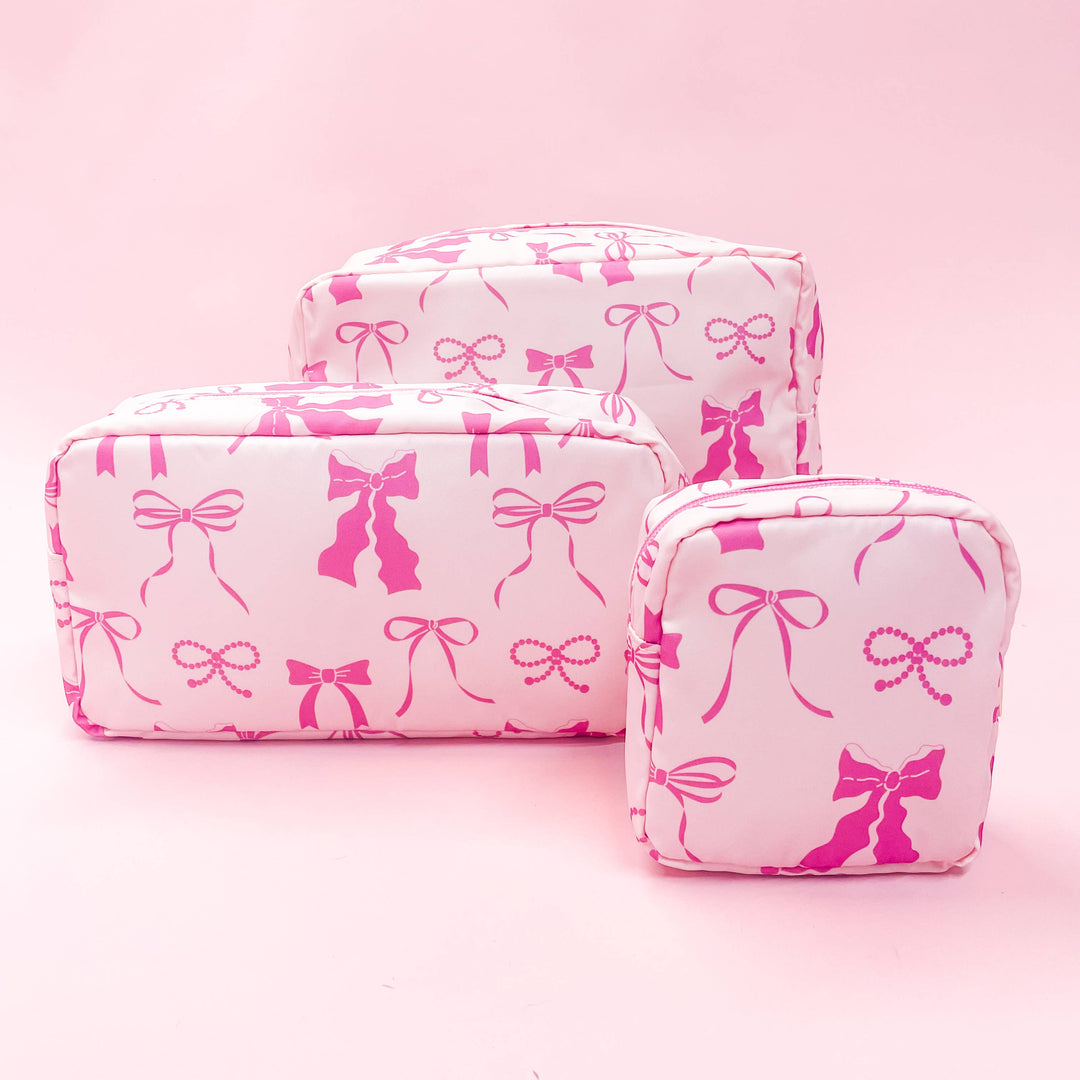 Pink Bows Medium Nylon Cosmetic Zipper Bag