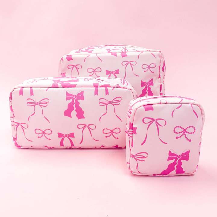 Pink Bows Large Nylon Cosmetic Zipper Bag