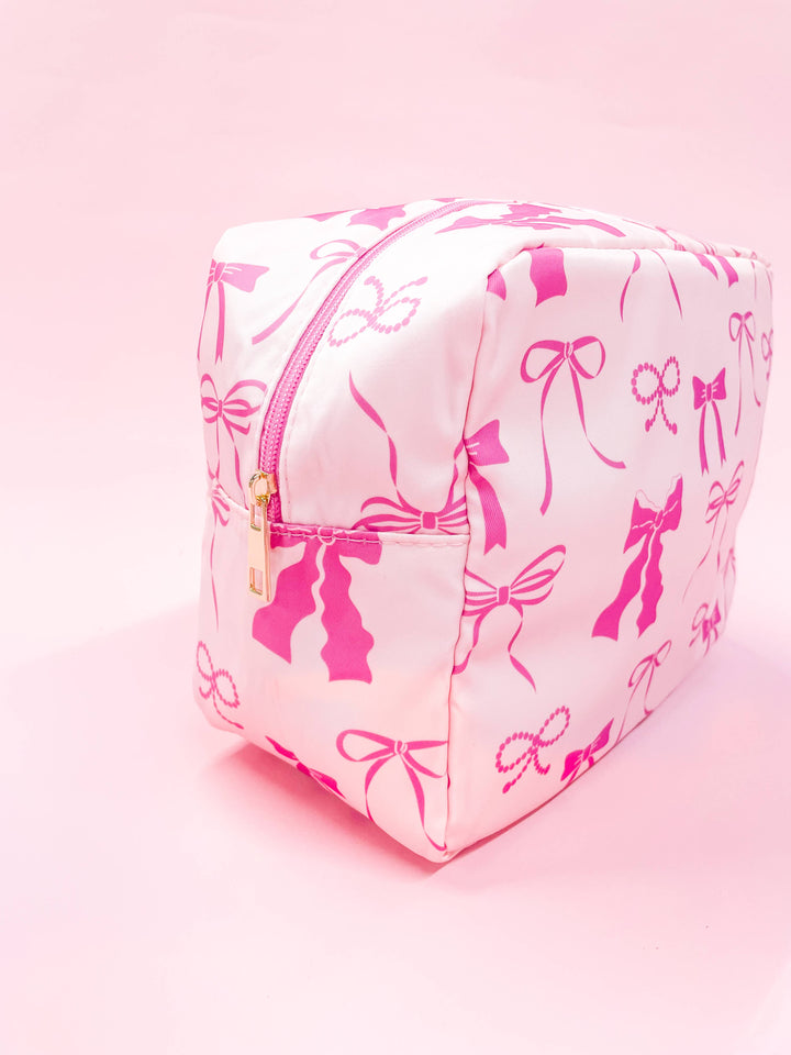 Pink Bows Medium Nylon Cosmetic Zipper Bag