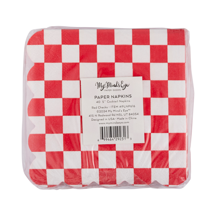 Red Checkerboard Scallop Cocktail Napkin