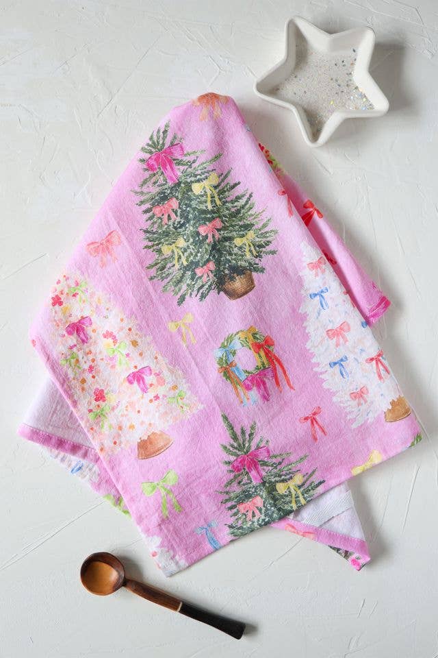 Pink Ribbon Christmas Tea Towel