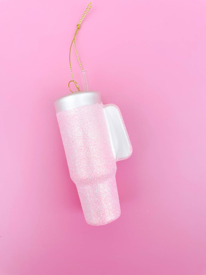 Pink Glittered Trendy Tumbler Christmas Ornament