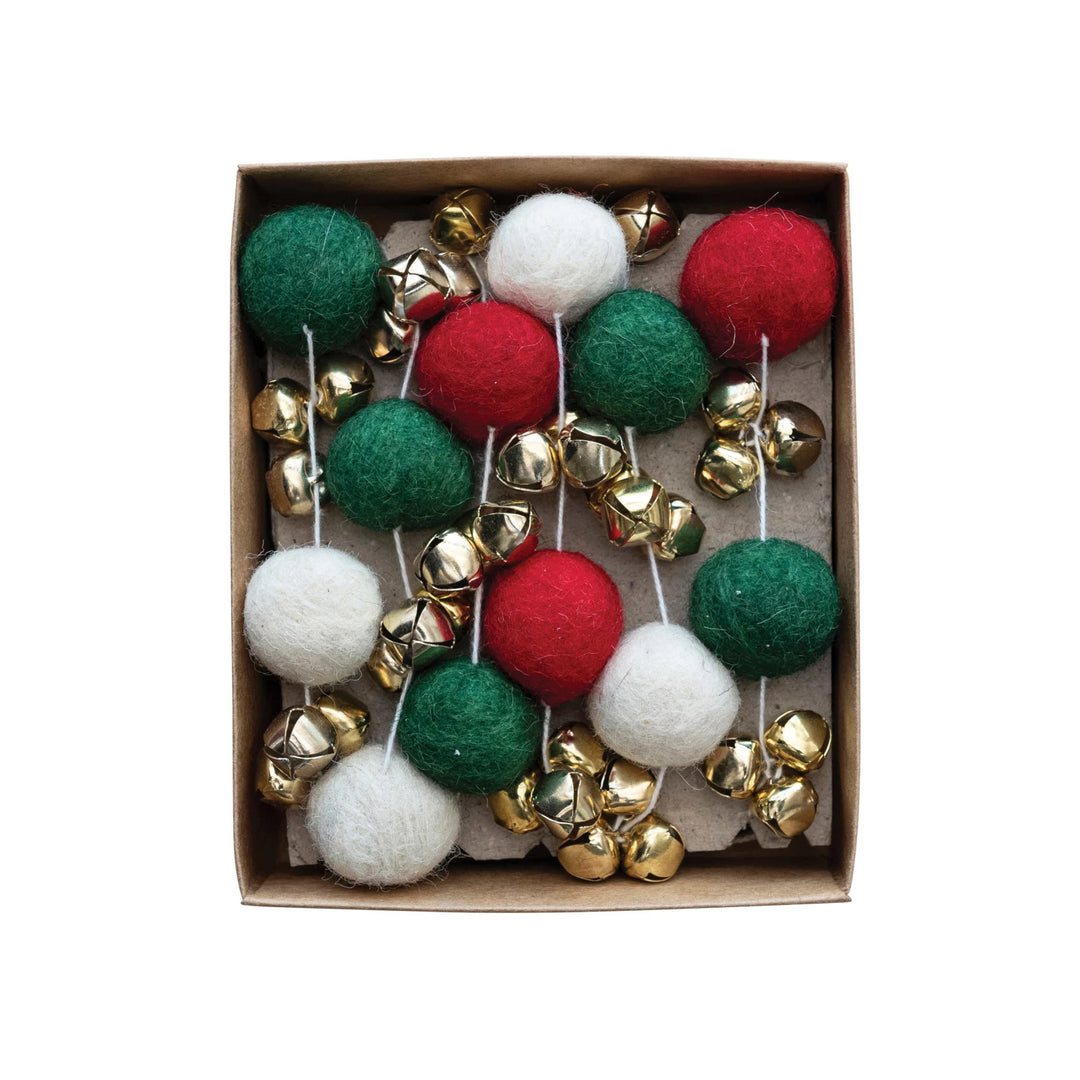 Handmade Wool Felt Ball Garland w/ Jingle Bells