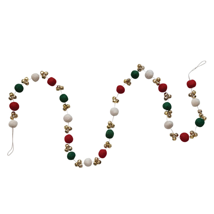 Handmade Wool Felt Ball Garland w/ Jingle Bells