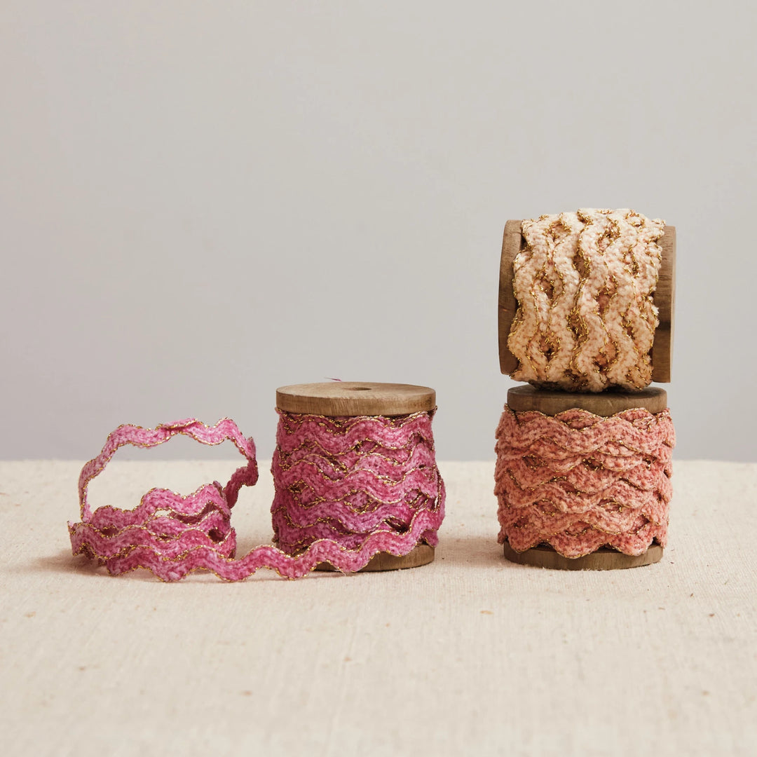 Chenille Scalloped Ribbon on Wood Spool w/ Metallic Edges