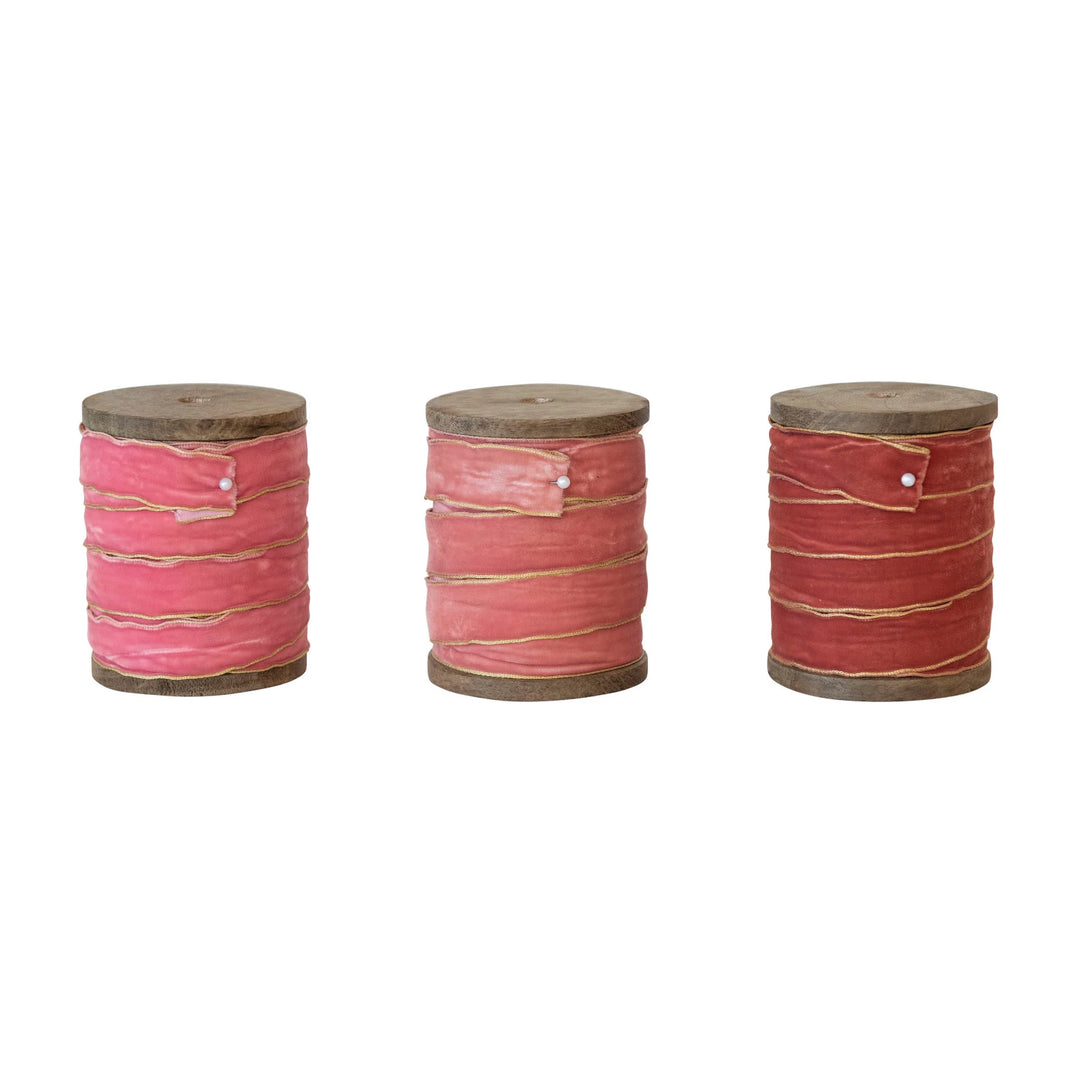 Pink and Red Velvet Ribbon w/ Metallic Edges on Wood Spool