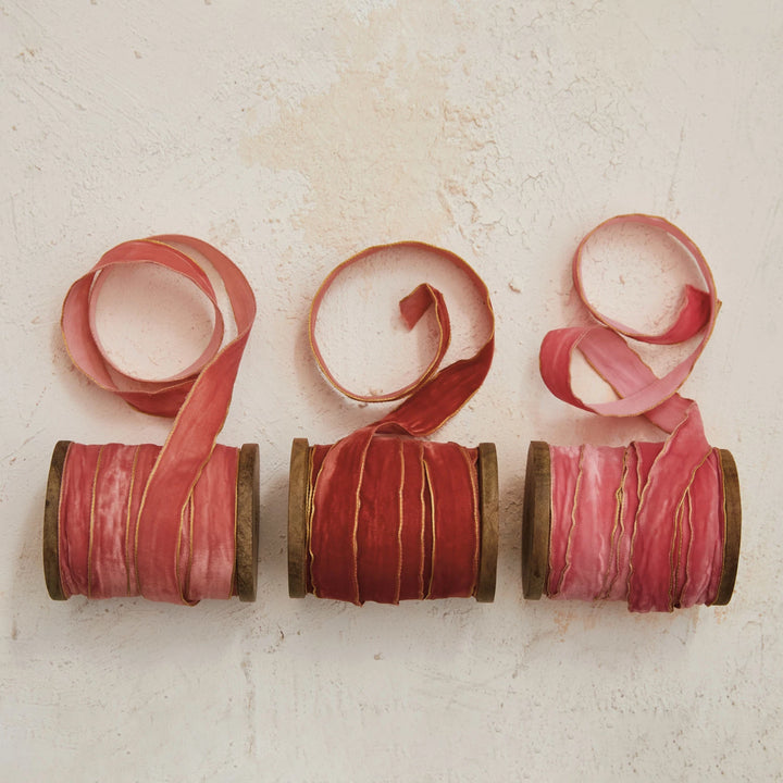 Pink and Red Velvet Ribbon w/ Metallic Edges on Wood Spool