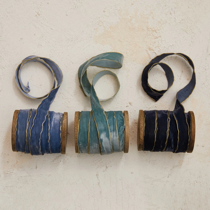 Blue Velvet Ribbon w/ Metallic Edges on Wood Spool