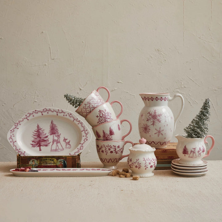 Pink 2 Quart Stoneware Pitcher w/ Snowflakes